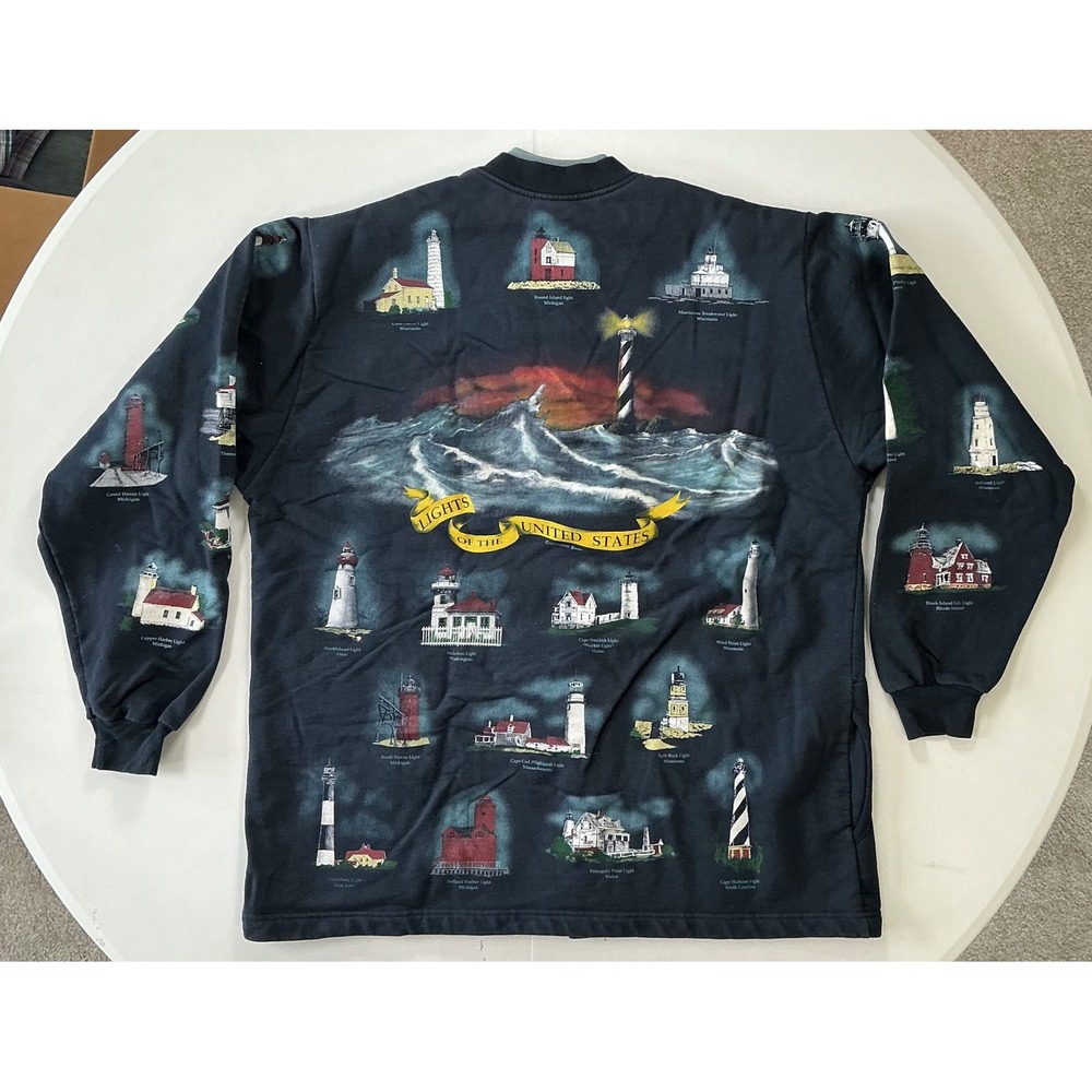 VTG USA Made 90s Art Unlimited Lighthouse Jacket Womens XL AOP Nautical Granny